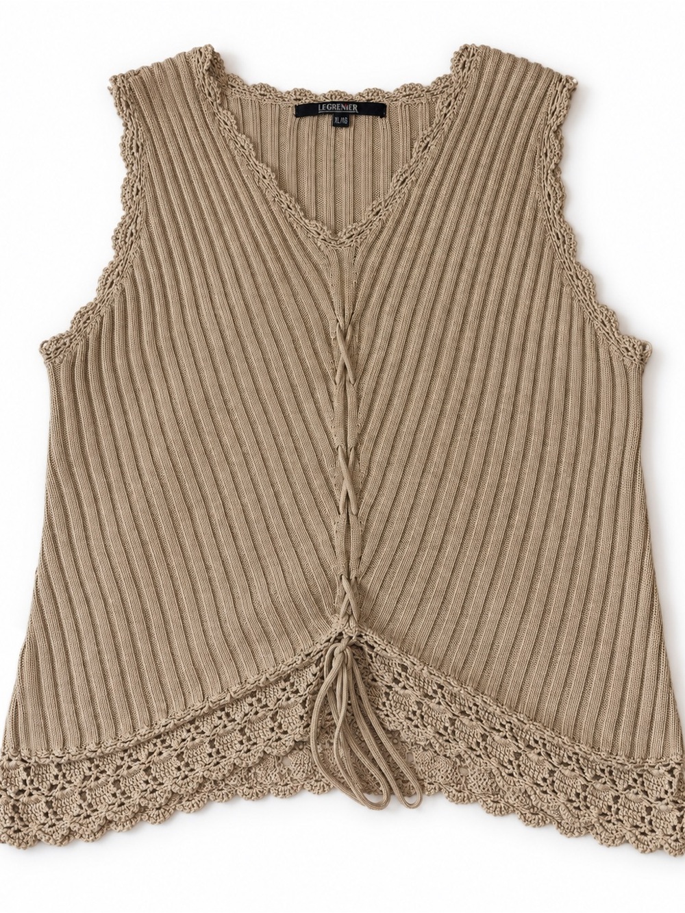 Crochet-Trim Ribbed Tank Top - Taupe